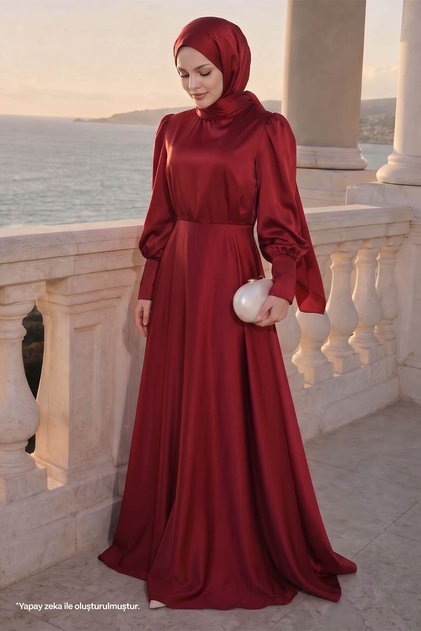 Burgundy Satin Dress with Zipper at the Sleeve