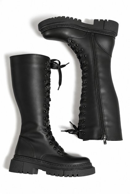 Lace-Up Long Boots Black