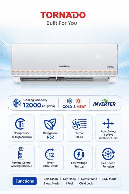 Inverter Split Air Conditioner, 1 Ton, 12000 BTU, Heat & Cool, R32 Eco-Friendly Refrigerant
