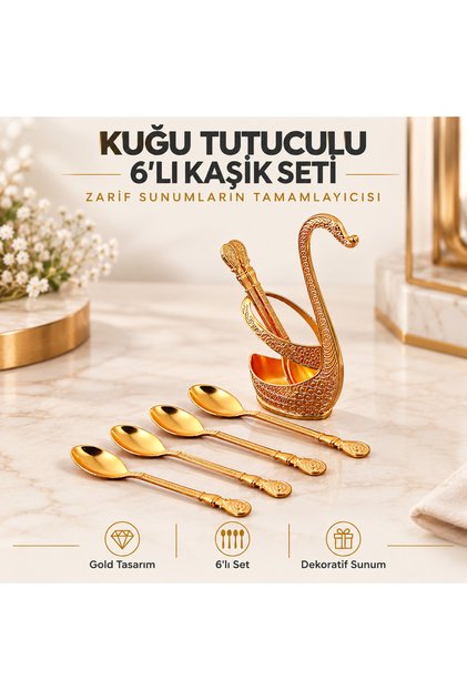 مجموعة من 6 ملاعق شاي وقهوة حلوة ذهبية مع حامل بجعة، مجموعة عرض أنيقة مطرزة ومزخرفة، مجموعة فاخرة