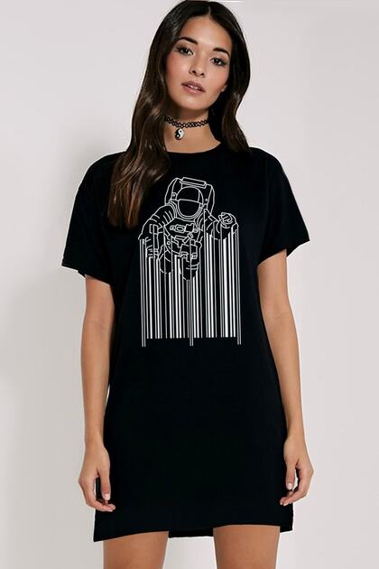 Barcode Astronaut Short Sleeve Combed Cotton T-Shirt Dress