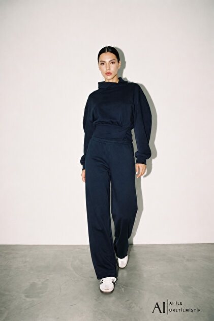 Women's Navy Blue 3-Thread Cotton Sweatshirt and Wide-Leg Sweatpants Set