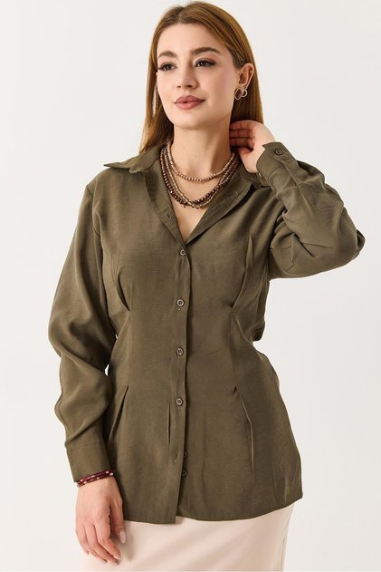 Khaki Stretchy Textured Shirt with Collar, Long Sleeves, Buttoned and Pleated Detail