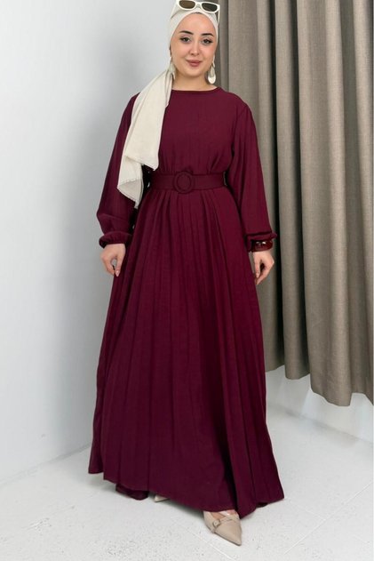 Burgundy Ayrobin Fabric Crew Neck Relaxed Fit Pleated Long Dress with Belt Detail