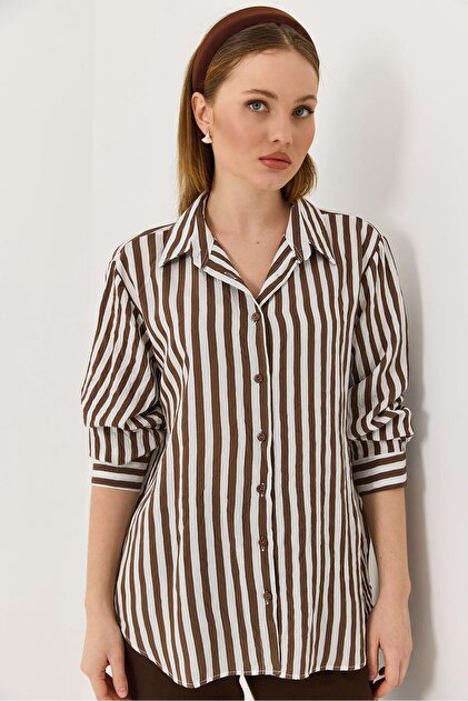 Brown Woven Fabric Shirt Collar Drop Shoulder Loose Fit Striped Button up Shirt