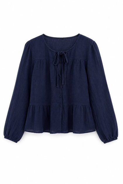Navy Blue Muslin Fabric Elastic Sleeve Detail Front Buttoned Tie Detail Comfortable Fit Blouse