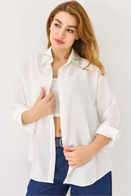 White Woven Ayrobin Fabric Shirt with Collar and Buttons, Stone Detailed Modern Shirt