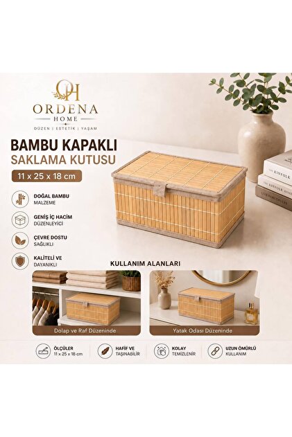 Home Bej Bambu Kapaklı Saklama Kutusu 25x18x11 cm Küçük Boy Düzenleyici Organizer