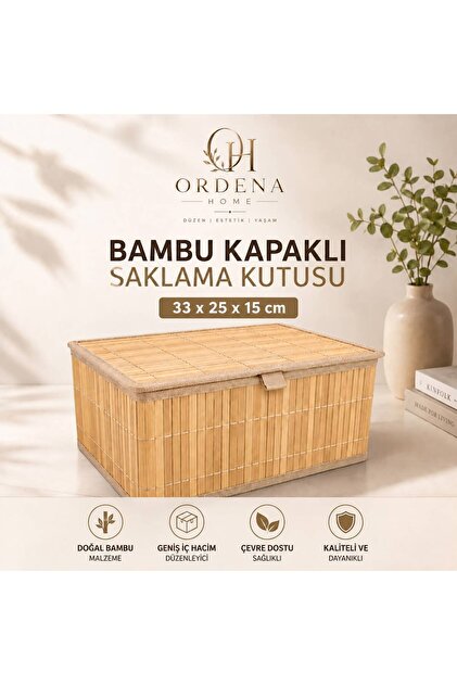 Ordena Home Bej Bambu Kapaklı Saklama Kutusu 33x25x15 cm Büyük Boy Düzenleyici Organizer