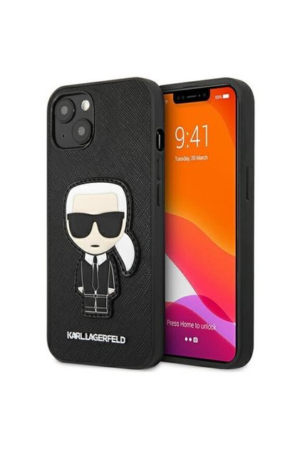 Husa hardcase Saffiano Ikonik Karl Patch pentru iPhone 13 mini, culoare negru
