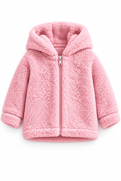 Baby Kids Zippered Hooded Plush Welsoft Winter Cardigan - Pink