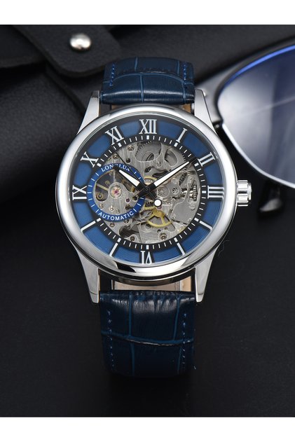 8020LM Blue Men Automatic Watch Luxury Rome Mechanical Watches Waterproof Skeleton Noctilucent Leat