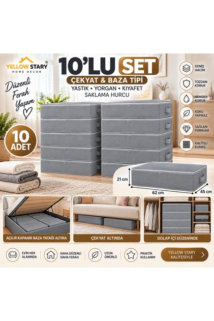 10'Lu Set Çekyat & Baza Tipi Yastık Yorgan Saklama Hurcu-Baza Altı Düzenleyici 65x45x22 cm
