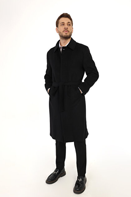 Jancarlucci̇ Men's Cashmere Black Belted Cashmere Long Coat
