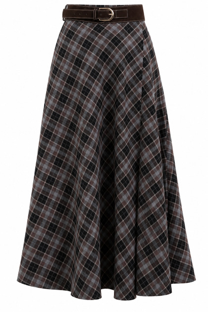 Slit Plaid Skirt with Black Brown Belt