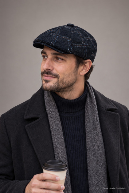Men's Plaid Cap 8 Pieces British Model Winter Cap Textured Newsboy Hat Navy Blue