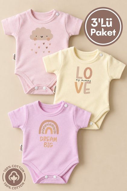 Unisex Baby 100% Organic Cotton Dream Printed 3-6-9-12 Months 3-Piece Short Sleeve Baby Bodysuit