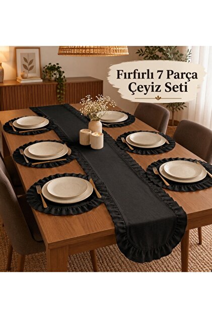 Fırfırlı Supla ve Runner 7 Parça Çeyiz Seti Amerikan Servis Sofra Sunum Seti 6'lı 38cm supla- 40x110cm Runner