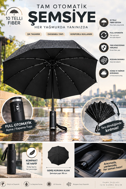 Rüzgarda Kırılmaz Tam Otomatik Fiber Unisex Şemsiye 10 Tel