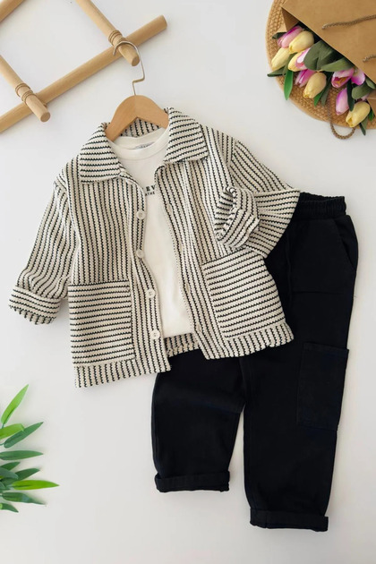 My Little Boy's Striped Knitwear Jacket and Basic T-Shirt 3-Piece Set for Boys - Black