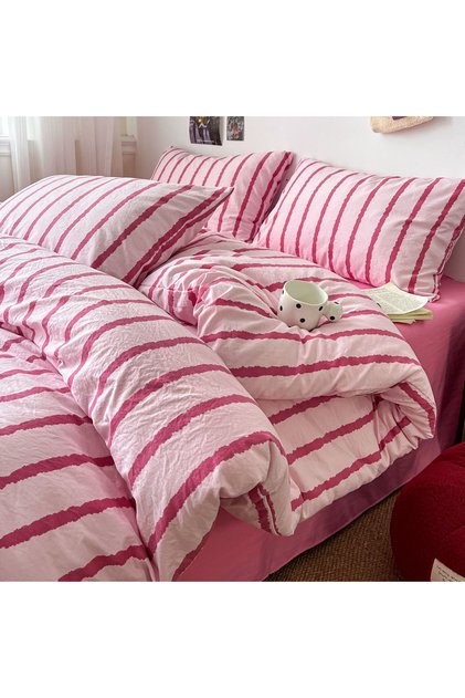 3pcs 200x230cm Pink 3pcs Simple Pink Striped Duvet Cover Set with 2 Pillowcases Soft Washed Cotton B