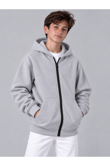 Unisex Çocuk Gri Fermuarlı 3ip Kalın Polarlı Sweatshirt