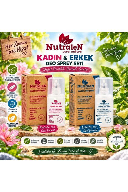 Exudare Deo Erkek ve Kadın Deodrant Spray Seti ( 2 li paket ) 50 ml x2 Doğal Sprey Roll on Kalıcı