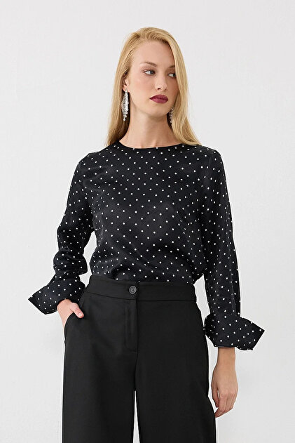 Polka Dot Patterned Satin Blouse - Black