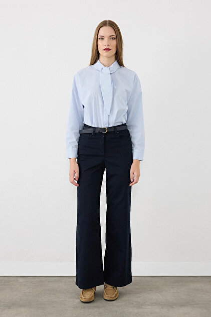Wide Leg Canvas Trousers with Belt and 5 Pockets - Navy Blue