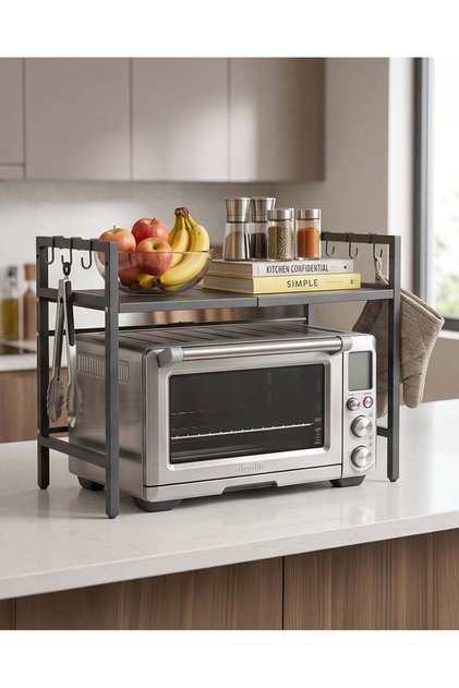 Black Expandable Microwave Storage Rack With 6 Hooks