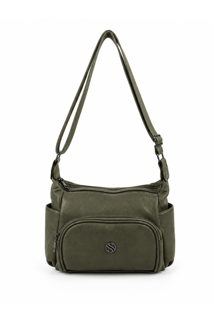 Women's Adjustable Cross Strap Multi-Compartment Faux Leather Shoulder Bag Khaki
