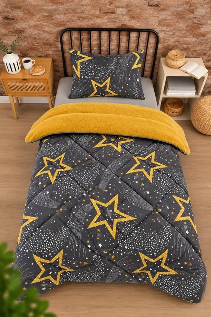 Single Double-Sided Luxury Welsoft Elite Quilt Soft Fleece Quilt and Pillowcase Star Mustard