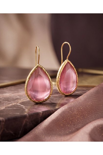 Damla Şekilli Gold Çerçeveli Pembe Renkli Taş Küpe