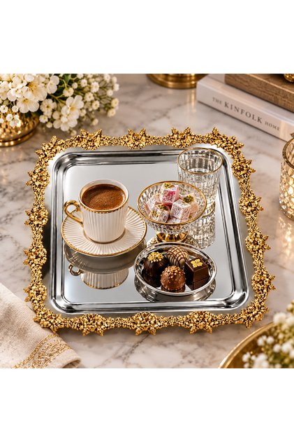 Flower Series Luxury Cast Metal Framed Presentation and Serving Tray – Square 23X23 cm