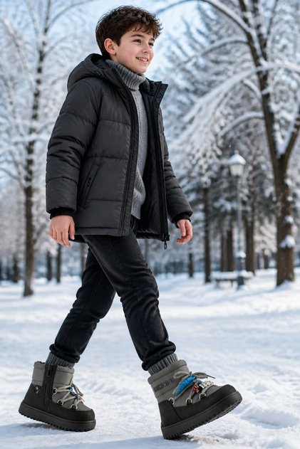 Stylish Anatomical Boys' Black Zippered Lace-Up Casual Boots Shoes