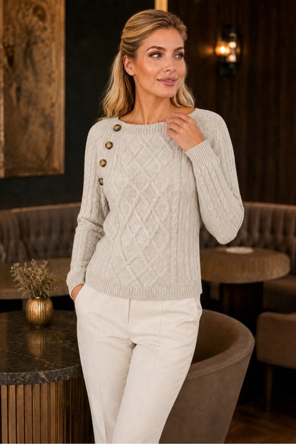 Women's Long Sleeve Wide Collar Hair Knit Patterned Decorative Button Detailed Stylish Elegant Comfortable Beige Knitwear Sweater