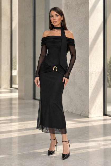 Women's Boat Neck Draped Long Sleeve Midi Dress with Gold Accessories - Black