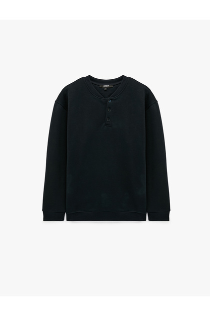 Long Sleeve Three-Thread Ribbed Button Detailed Henley Collar Sweatshirt