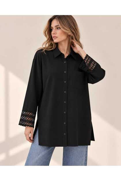 Women's 100% Linen Oversize Long Shirt with Guipure Lace Cuff Detail