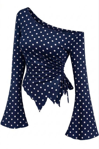 Polka Dot Long Sleeve Asymmetric Collar Draped Side Tie Spring Autumn Blouse Top