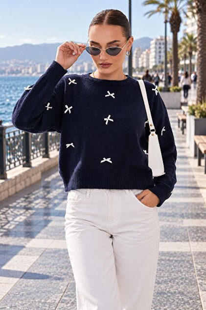 Women's Bow Detailed Crew Neck Knitted Sweater 265301 -