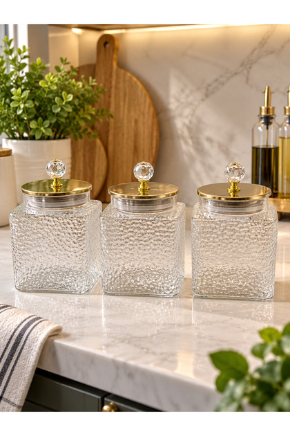 Set of 3 Glass Square Jars with Gold Metal Vacuum Lid, Diamond Handle, Frosted Pattern, 3 X 800 ml