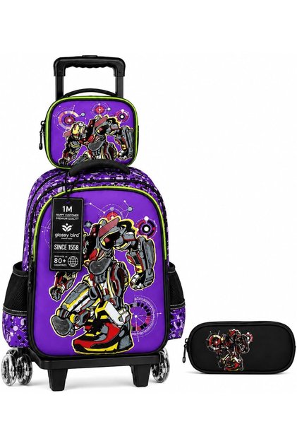 Kids Rolling Backpack Set, 3 Piece School Bag with Lunch Bag and Pencil Case, Backpack for Boys Primary School - Robot