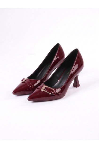 Burgundy Patent Leather Belt Buckle Women's Stiletto Closed Back Heeled Shoes Nk3220