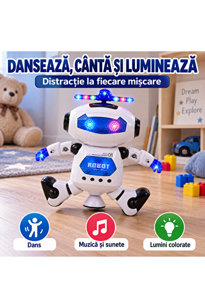 Robot Jucărie Interactiv ce Dansează, cu Muzică, Lumini și Evitare Obstacole, 16x21 cm, Alb