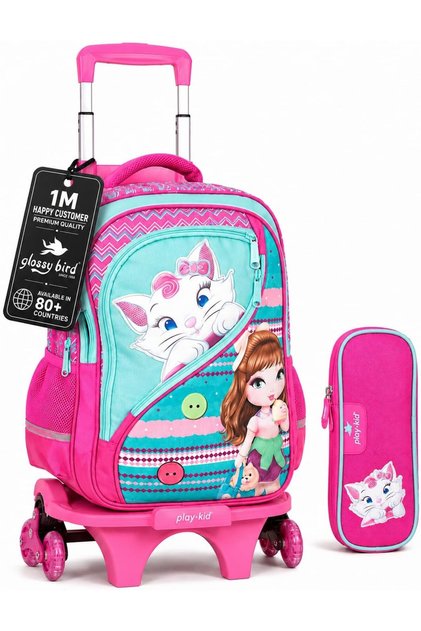 Kids Rolling School Backpack with 3 Wheel Trolley, Detachable School Bag, School Bag for Girls and Kids, Wheeled Bookbag with Pencil Case, Large Capacity - Kitty