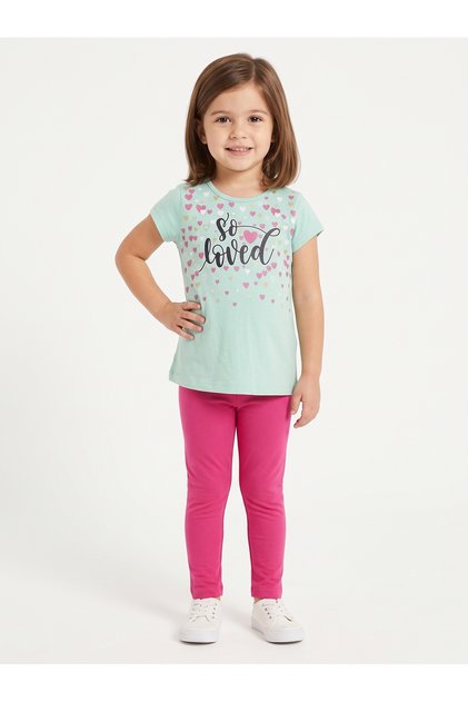 Children's Set Character Printed Crew Neck Short Sleeve T-Shirt Leggings 2-Piece Set 2-6 Years Cotton Loved