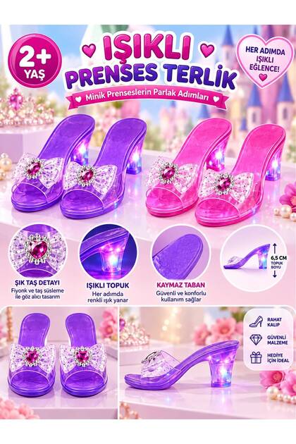 Çocuk Işıklı Prenses Terliği Fiyonklu 2 Renk Seçeneği Vardır Mor Renk Ve Pembe Renk