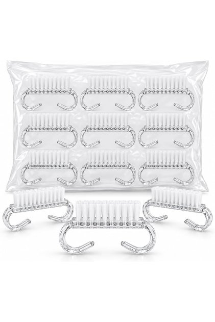 Multi functional 12pcs clear plastic nail brush designed with an ergonomic handle grip for scrubbing and removing dust or dead skin during manicures and pedicures