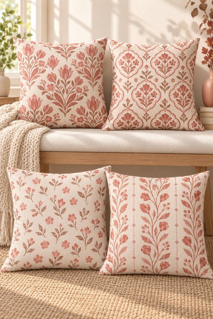 Powder Cream Botanical Shawl Patterned 4 Throw Pillow Covers 1 Runner 5 Piece Set